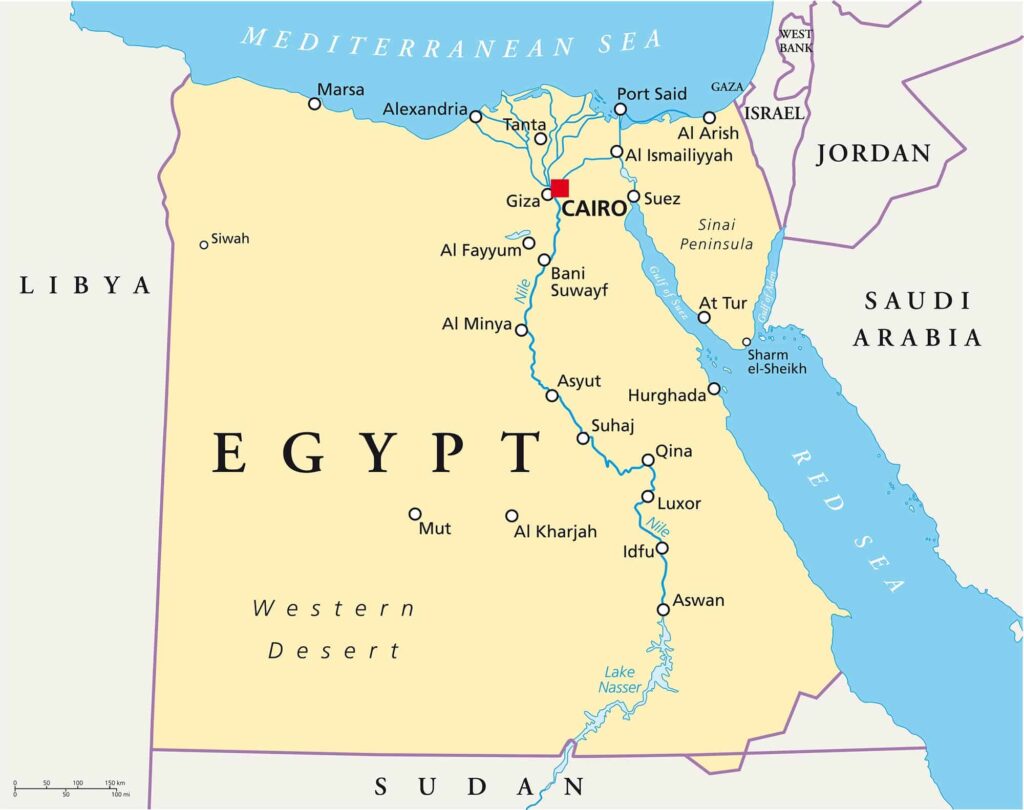 A political map of Egypt with major cities, international borders, and maritime borders.