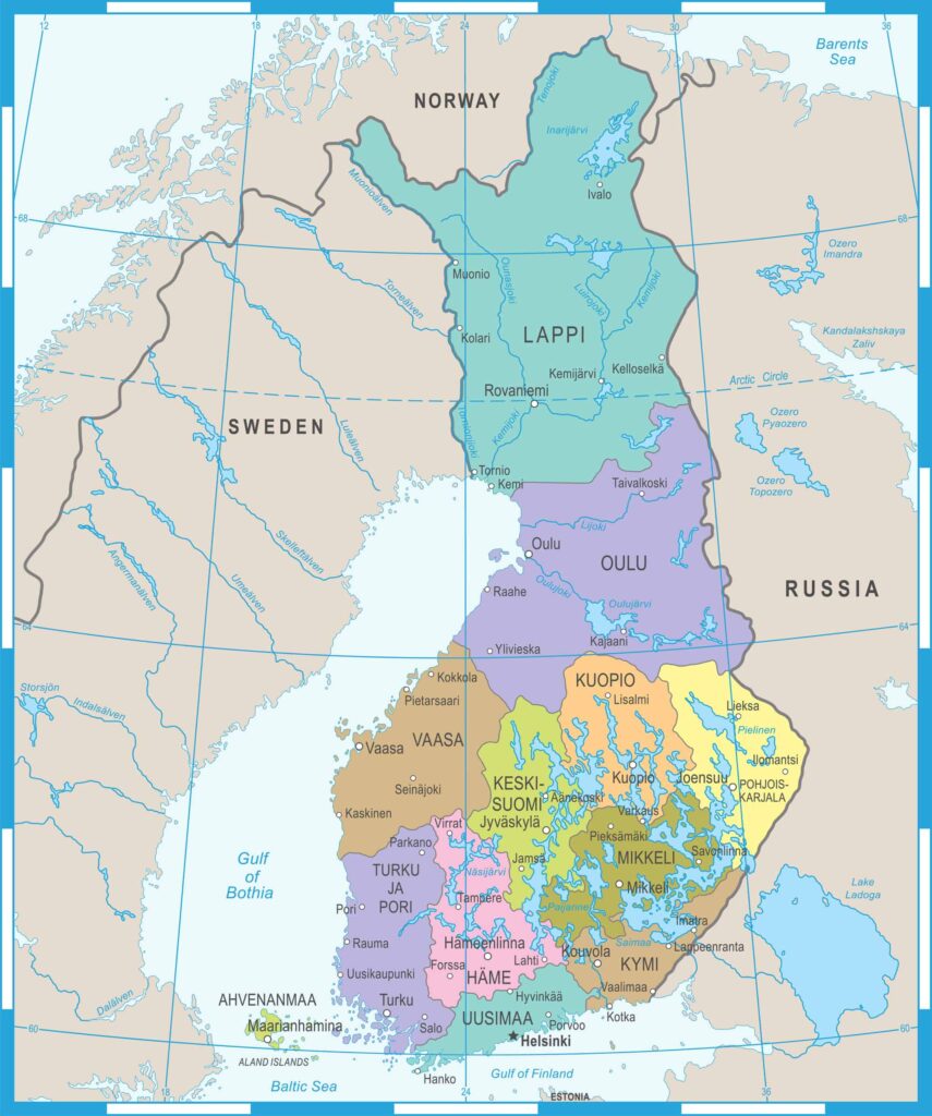 A political map of Finland showing various regions in different colors, with neighboring countries Norway, Sweden, and Russia labeled.