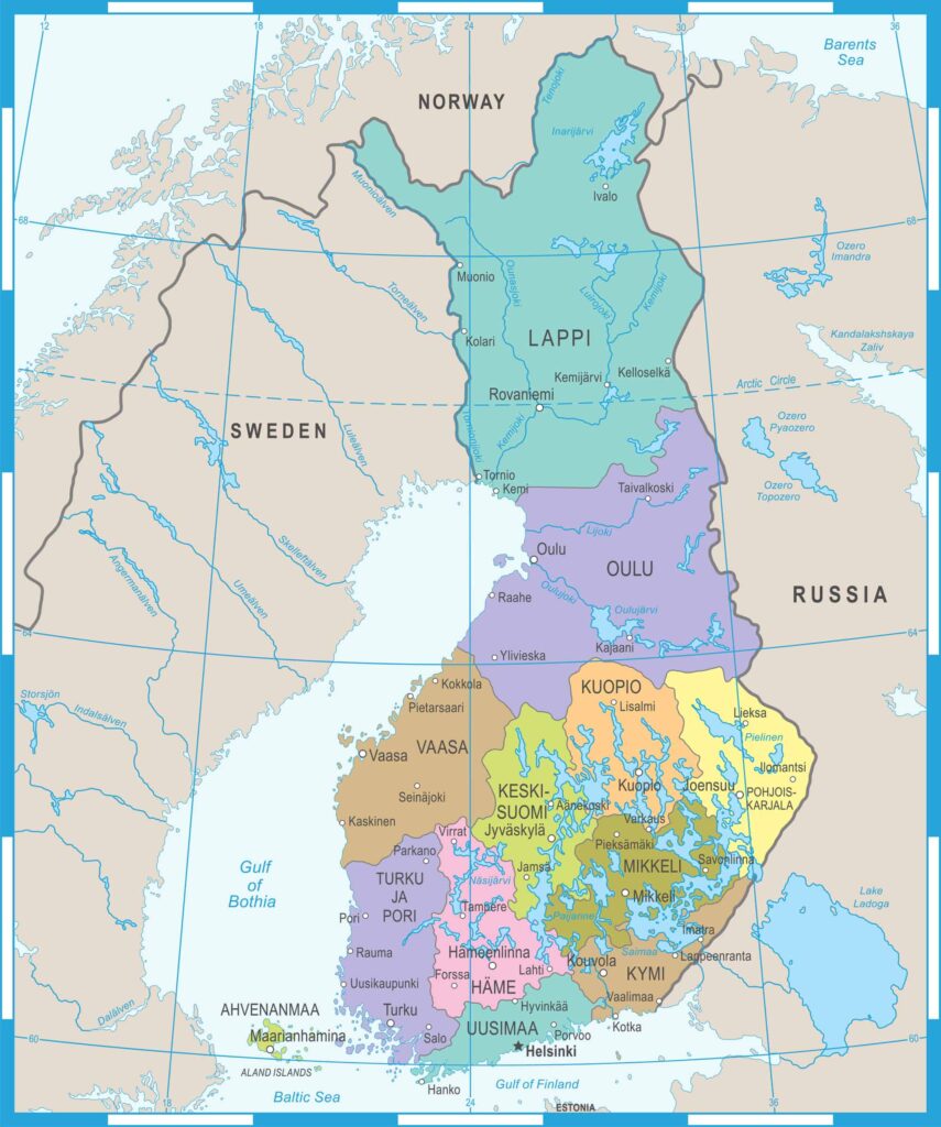 A  political map of Finland showing various regions in different colors, with neighboring countries Norway, Sweden, and Russia labeled.