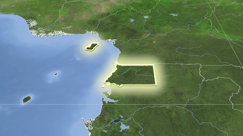 A map of a portion of eastern Africa shows Equatorial Guinea with glowing borders.