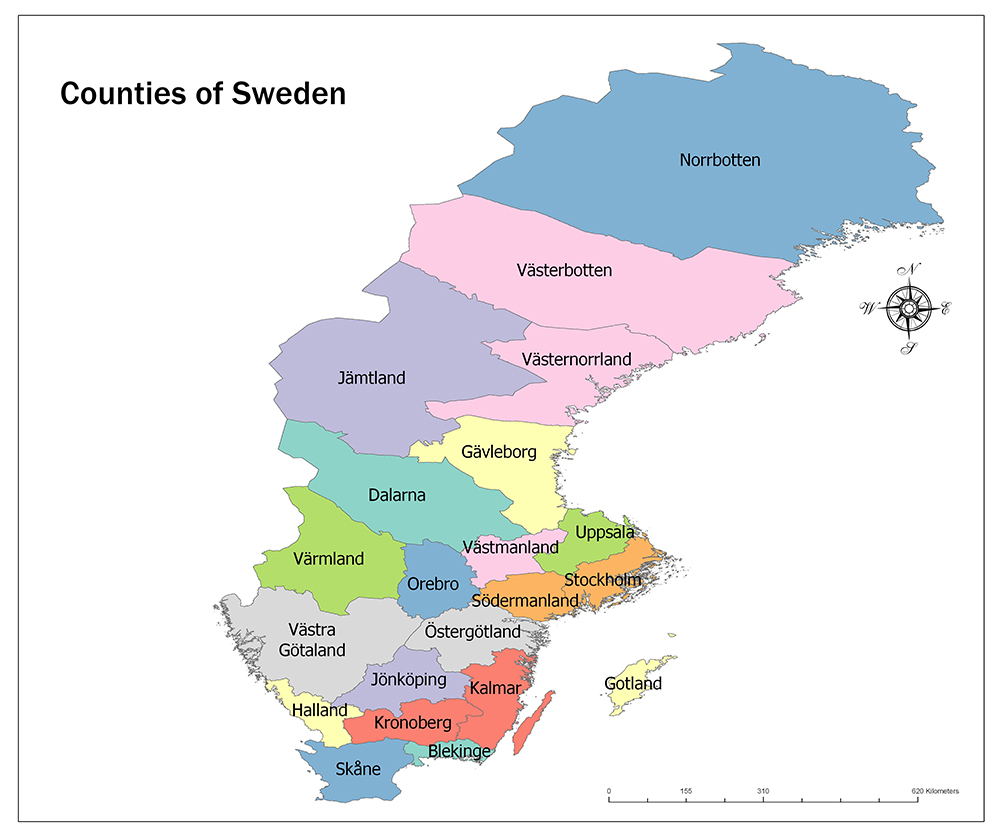A color-coded map displays Sweden's counties in distinct colors, each labeled by name, on a white background.