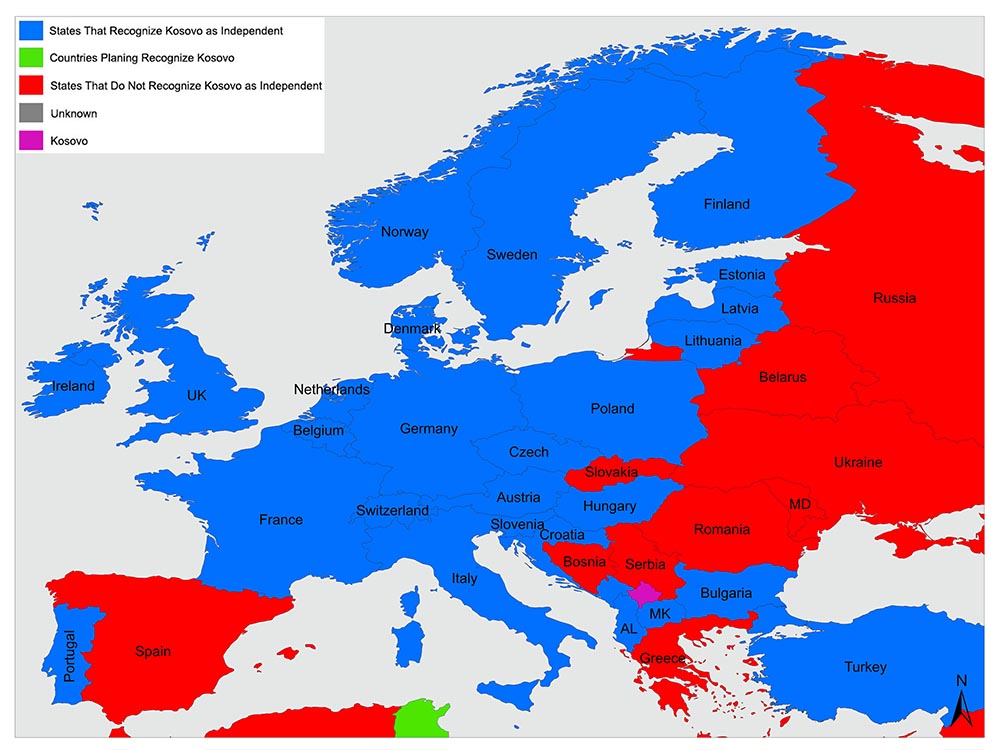 A color-coded map of Europe showing different countries in either blue or red, with some countries labeled with their names.