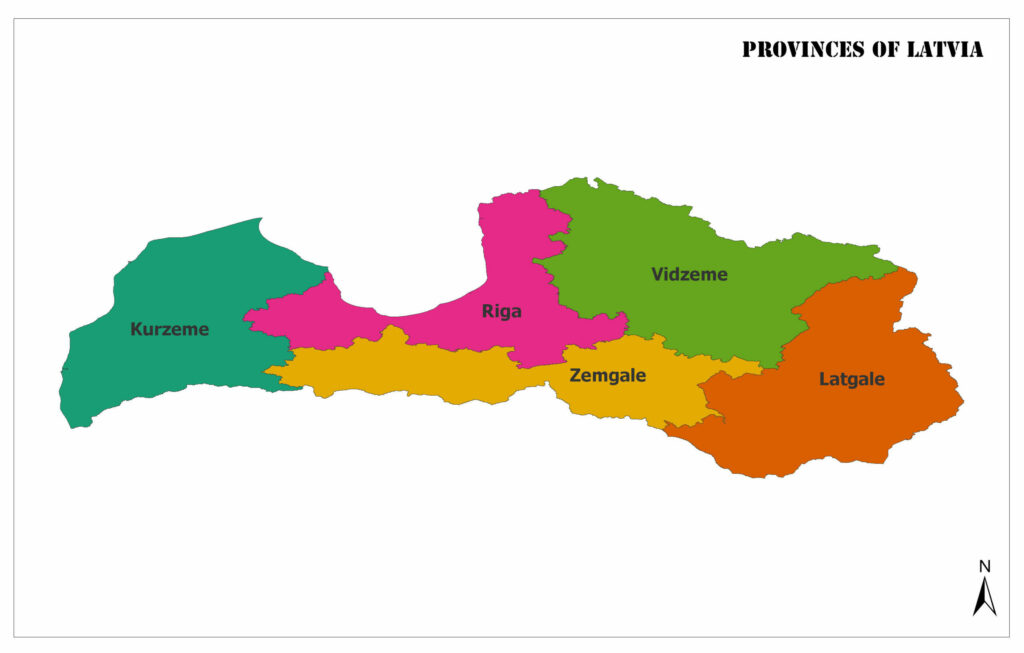 A color-coded map showing the provinces of Latvia with labels for each province.