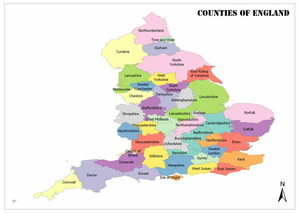 A vibrant map of England's counties, each uniquely colored and labeled in black, with a compass rose for orientation.