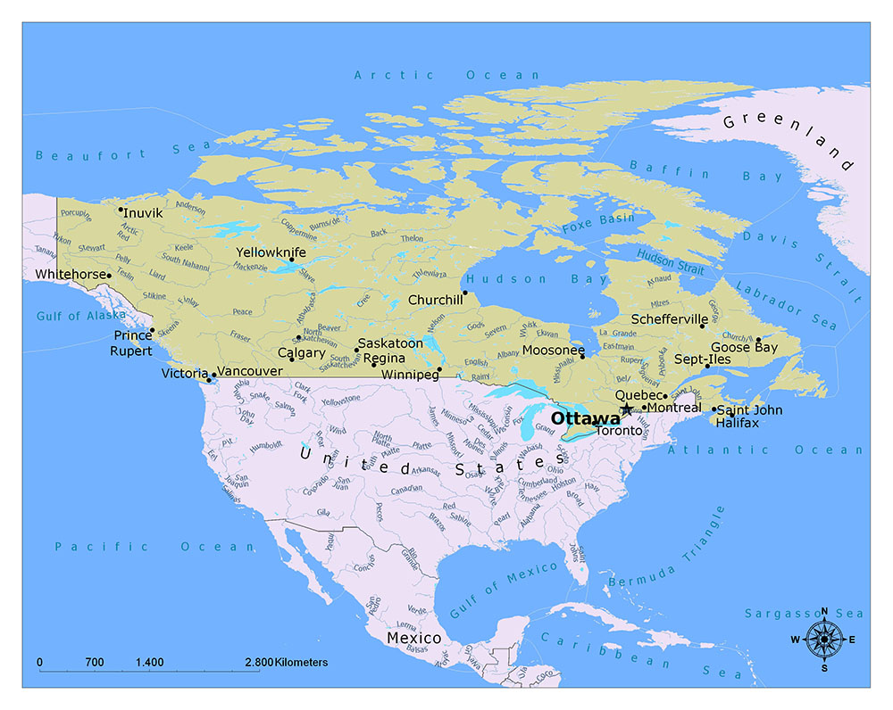 A North America map highlighting Canada, faintly outlining US states, and marking Ottawa with a red circle.