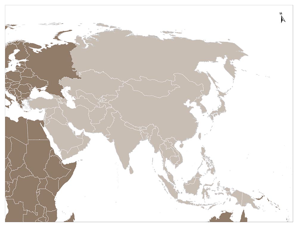 An image of a map showing the outlines of countries in North America and parts of South America and Asia.