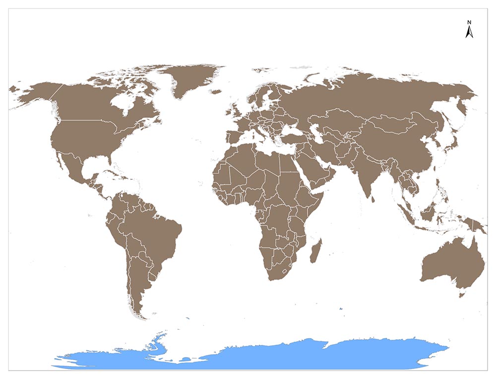 A  world map showing continents in a light brown color on a white background, with a blue area representing the ocean at the bottom.