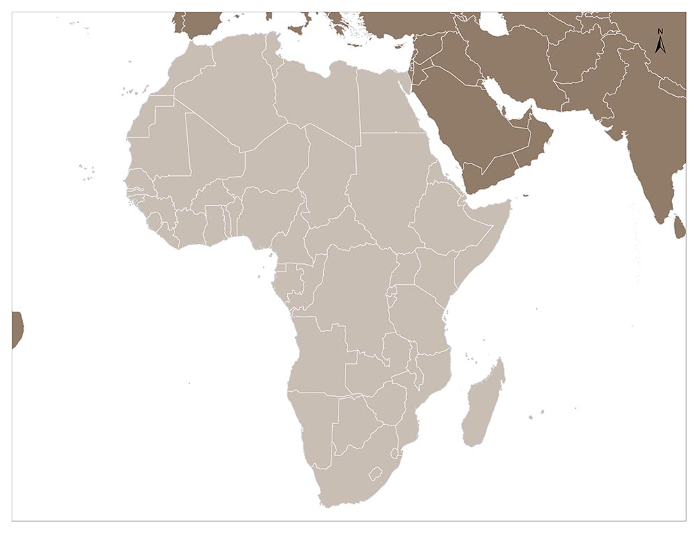 A map displays Africa's borders in shades of brown and white, with oceans in white, but no country names.