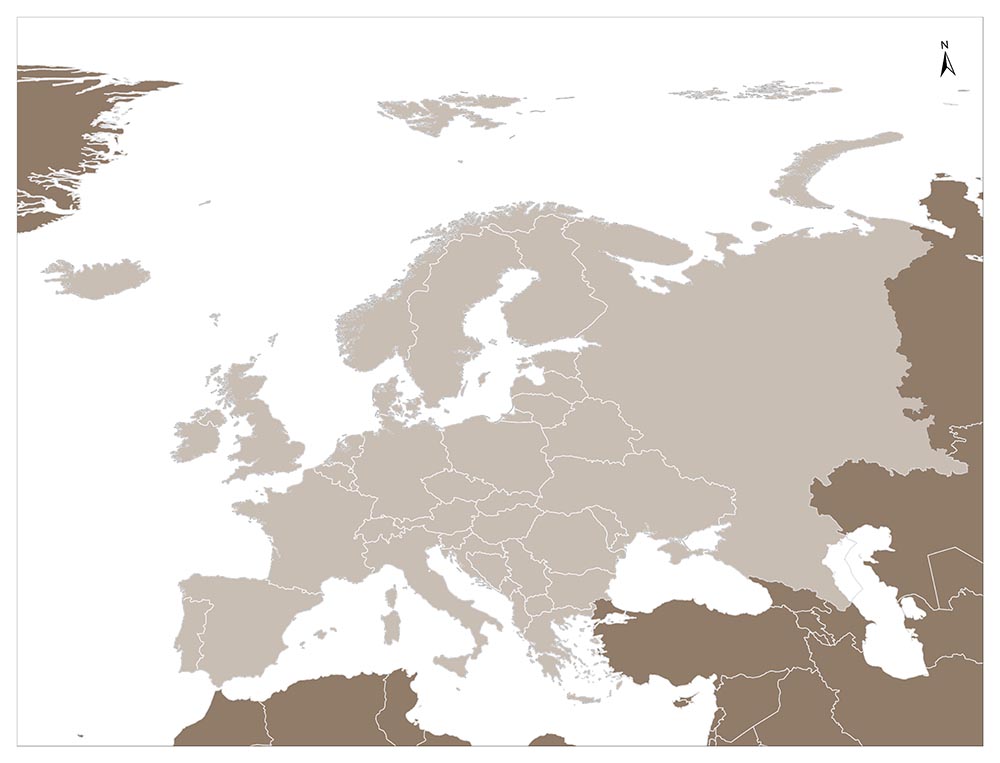 A map showing the European continent in a monochrome color scheme.