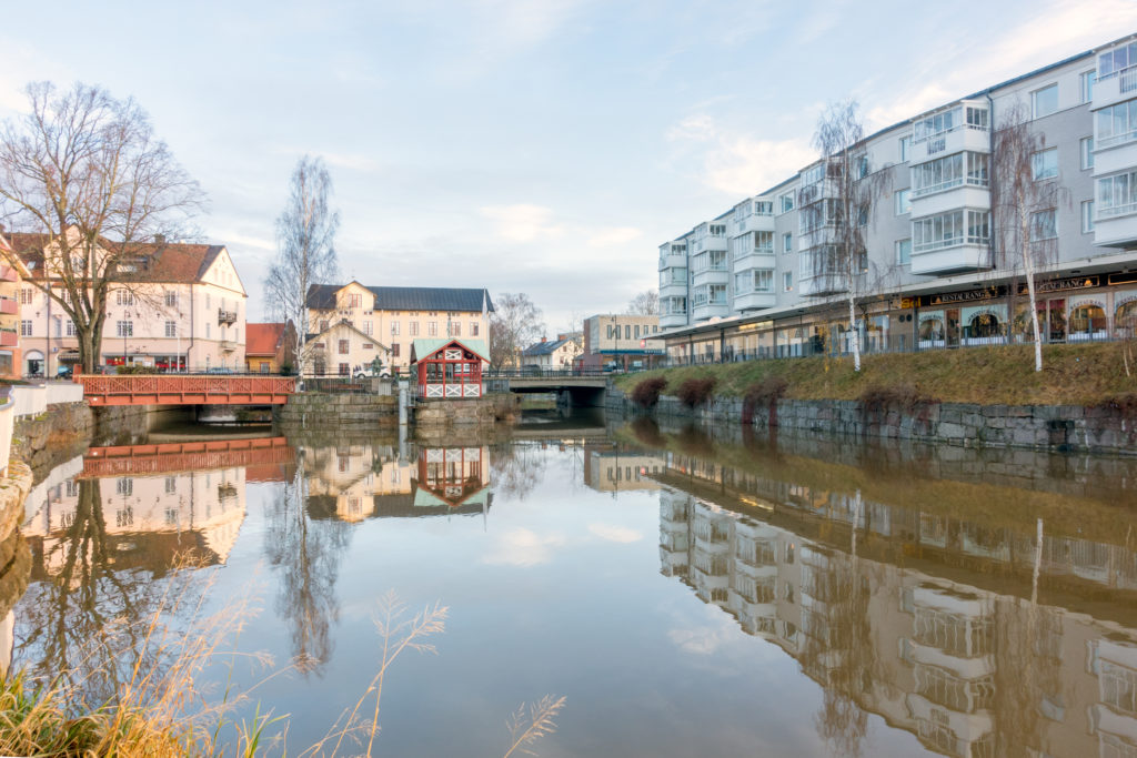 Mjolby town center by the river kalled svartan