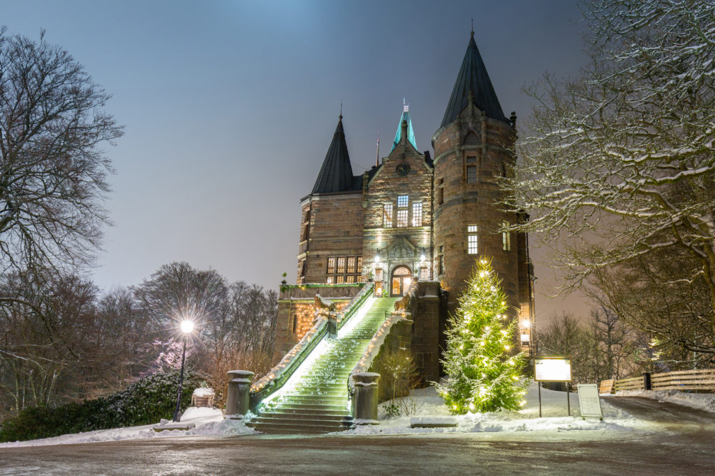 Teleborg Castle at snowy night in Vaxjo, Sweden