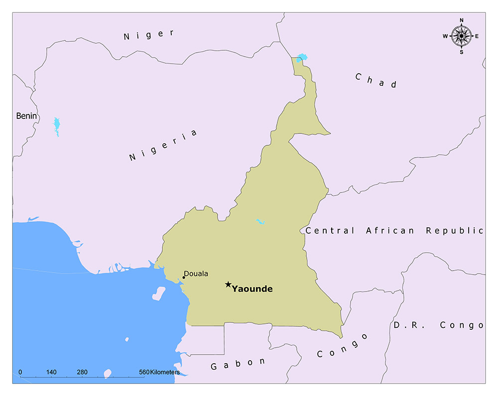 The map highlights Cameroon and its capital Yaounde, along with neighboring countries.