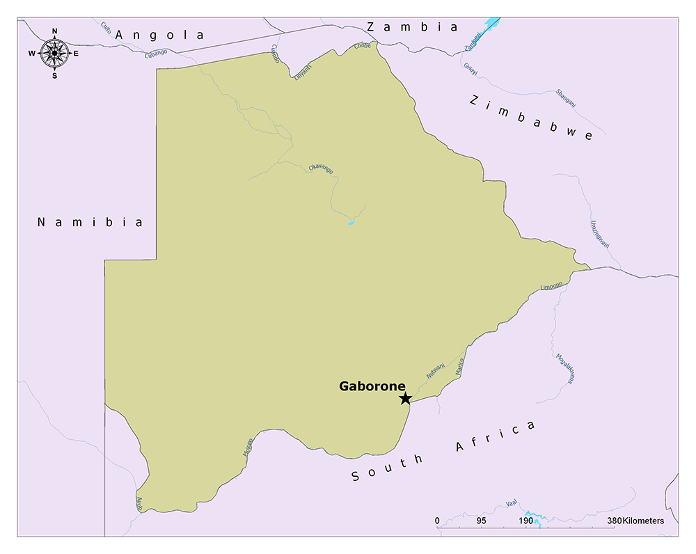 The map displays Botswana in light green, its capital Gaborone marked with a black dot, and surrounding countries in white.