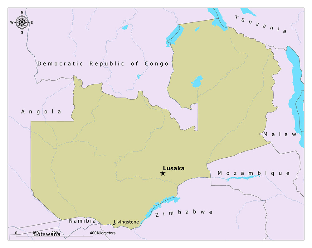 A map showing the country of Zambia with surrounding nations, major cities, and geographical features. The capital city Lusaka is marked with a star.