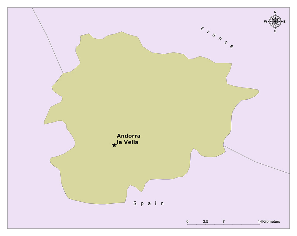 A map showing the country of Andorra bordered by France and Spain, with the capital Andorra la Vella marked in the center.