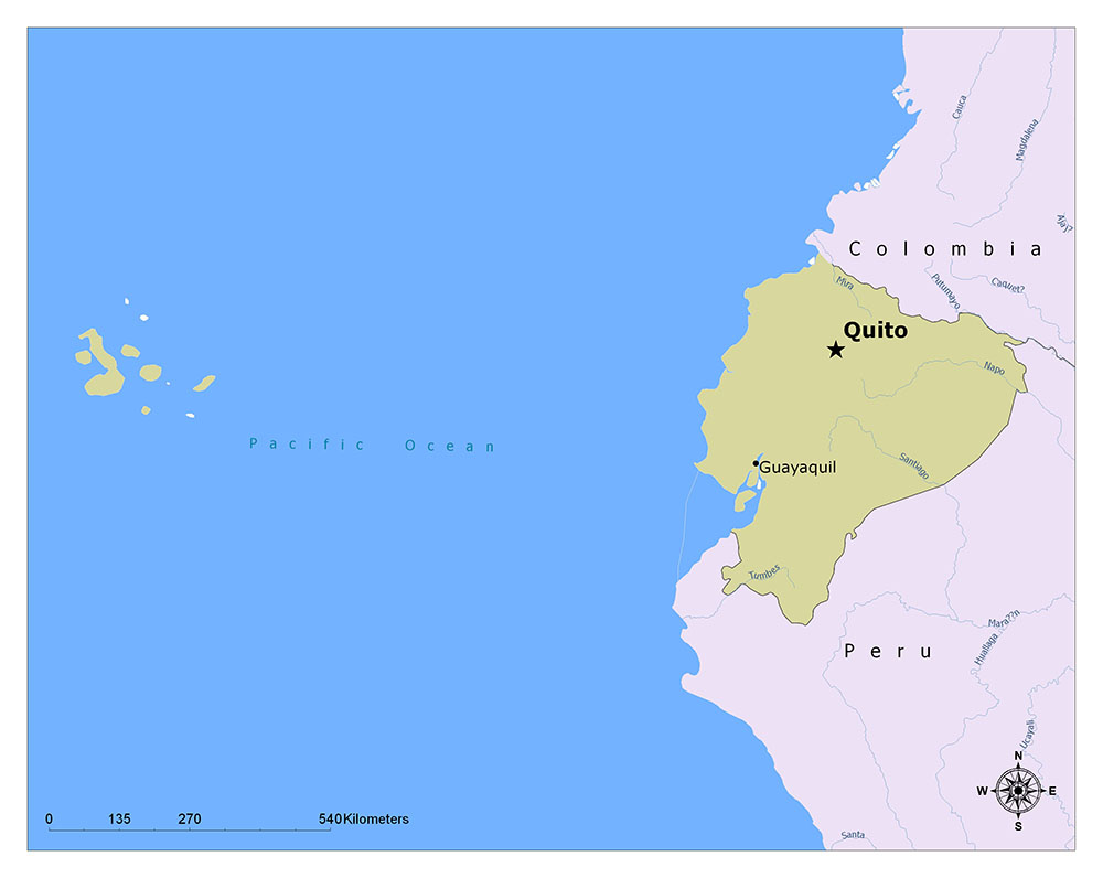 The map highlights Ecuador in yellow, marks its capital Quito with a star, and shows it bordered by Colombia and Peru.