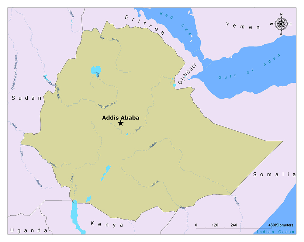 A color-coded map of Ethiopia, highlighting its borders and neighboring countries, with capital Addis Ababa starred.