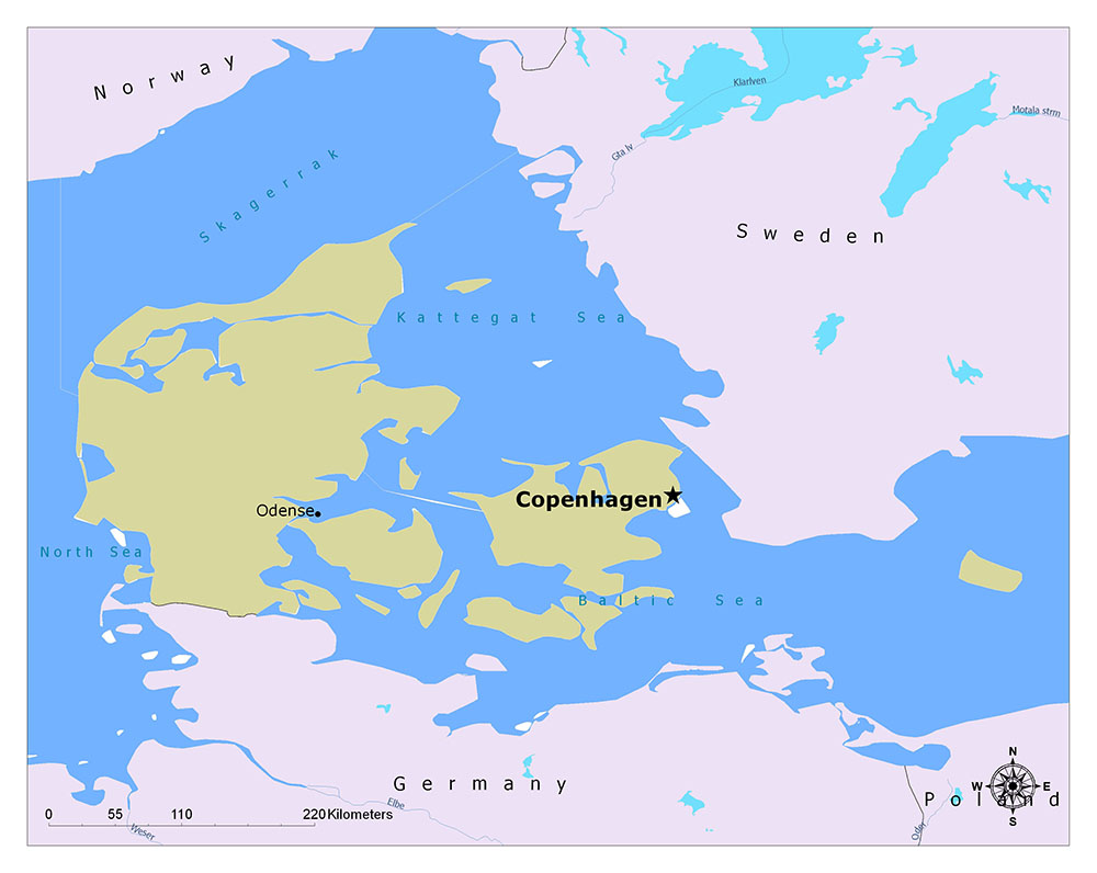 The map highlights Denmark, featuring Copenhagen, and parts of Germany, Sweden, and nearby waters.