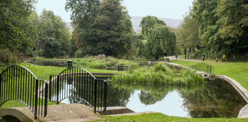 A panoramic view of a calm water canal with a reflection of trees and sky, flanked by green grass and a metal fence in the foreground.