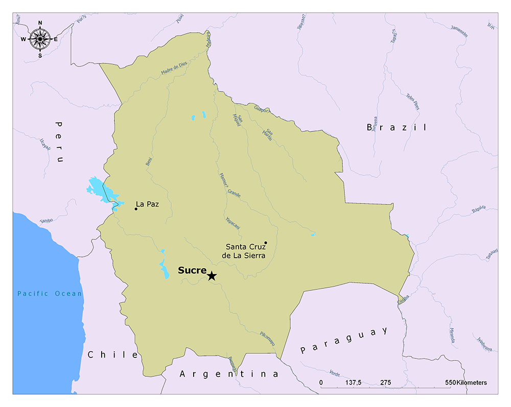 A map showing a highlighted area labeled 'Sucre' with a star marking its location, surrounded by other geographic names and boundaries.