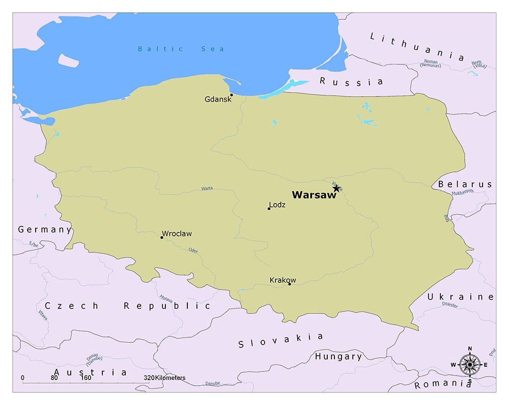 The map displays Poland, its major cities like Warsaw, and outlines neighboring countries.