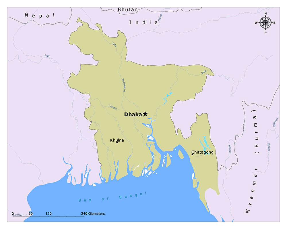 A map displays Bangladesh, its capital Dhaka, major cities, neighboring countries, and the Bay of Bengal.