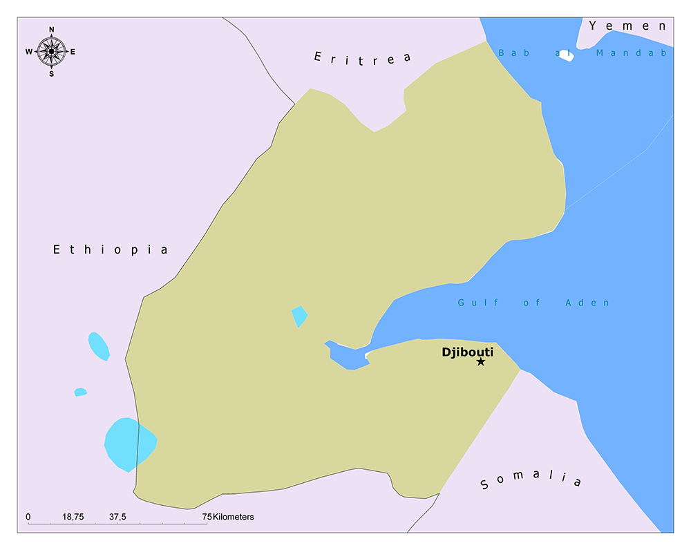 A map showing the Horn of Africa region with countries Eritrea, Djibouti, Ethiopia, and Somalia highlighted in different colors.