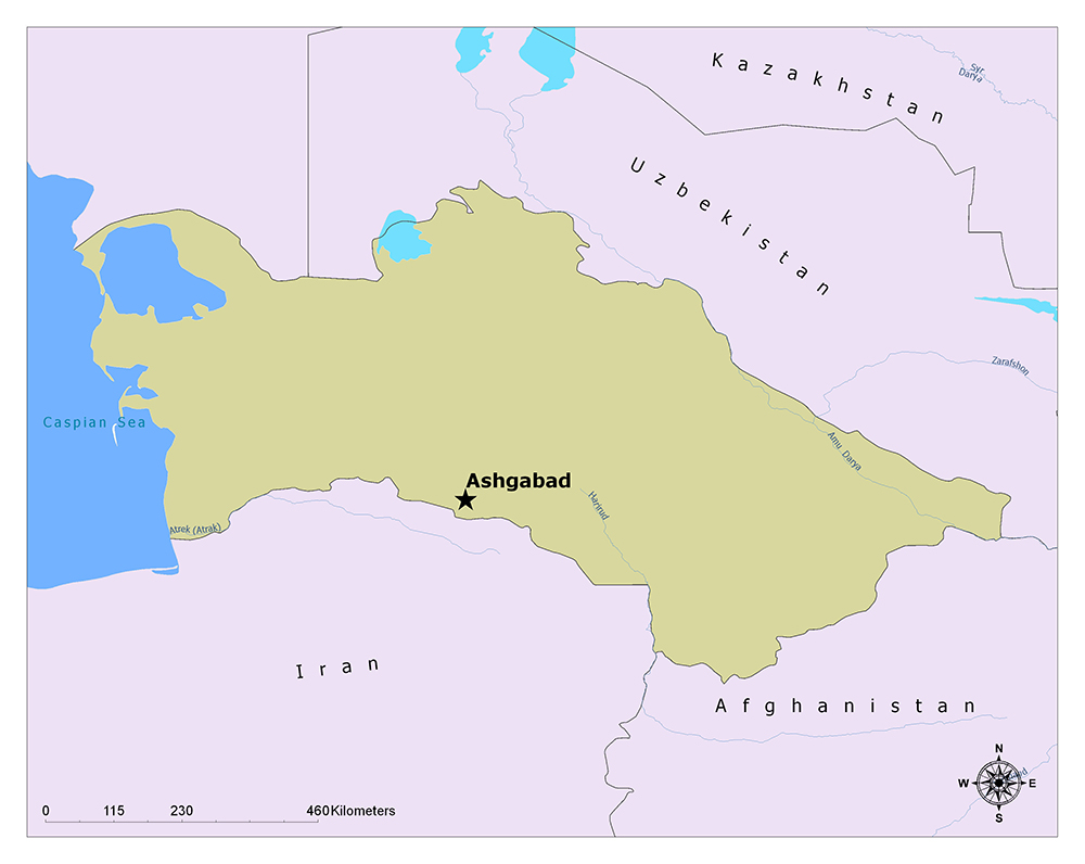 A map showing a highlighted area with the city of Ashgabat marked with a star.