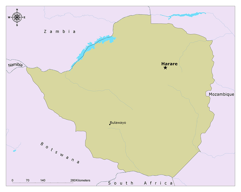 A map of Zimbabwe highlighting its capital, Harare, and other major cities, with neighboring countries labeled around the border.