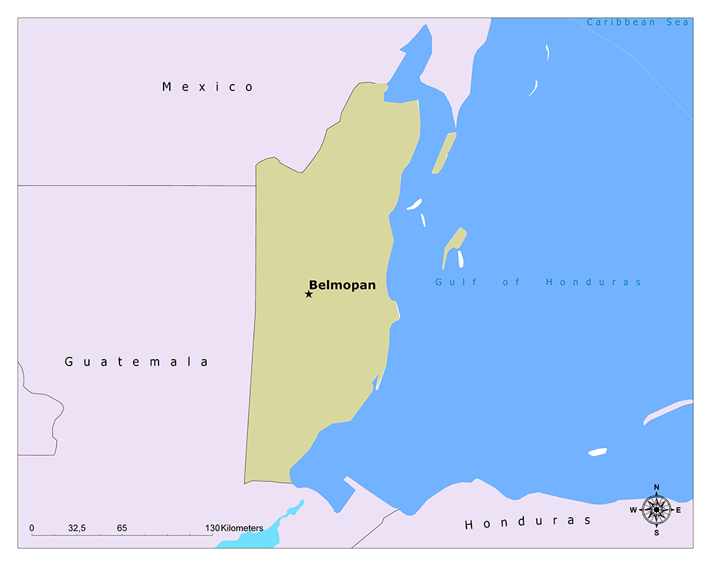 The map shows Belmopan's location, neighboring countries Mexico, Guatemala, Honduras, and the Gulf of Honduras in blue.