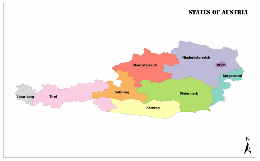 A color-coded map showing the states of Austria with labels for each state.