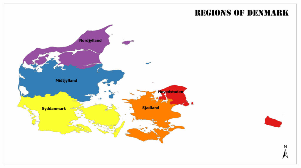 A color-coded map of Denmark's regions, with a small inset showing Denmark's location relative to nearby countries.