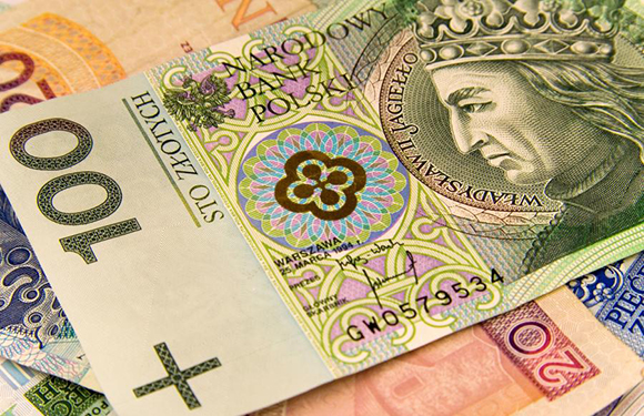 A close-up of various Polish banknotes with intricate designs and the image of a historical figure.