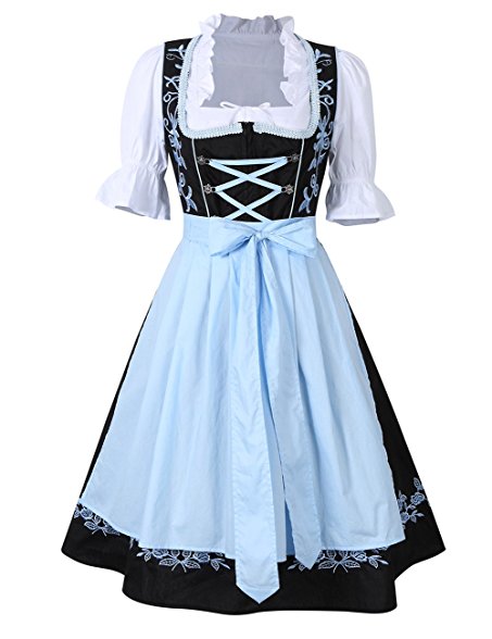 A traditional Bavarian Dirndl dress with a light blue skirt, black bodice with blue lacing, white blouse, and white apron with black trim.