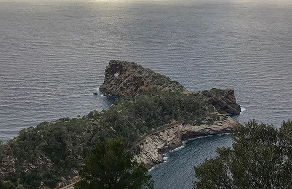 A small, rocky island near a coastline, surrounded by calm sea waters, with trees in the foreground.