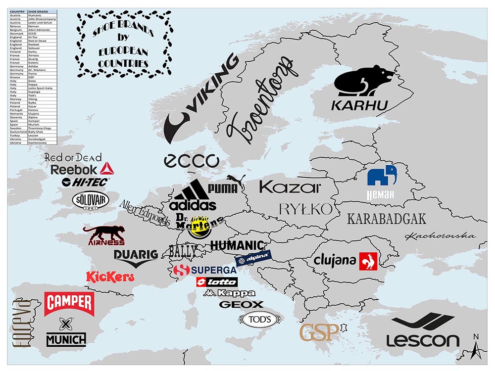 European Shoe Brands by Countries | Mappr