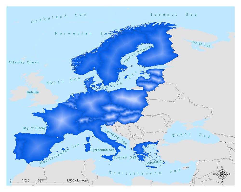 A color-coded topographic map displays land elevations, bodies of water, labels for oceans/seas, and a scale.