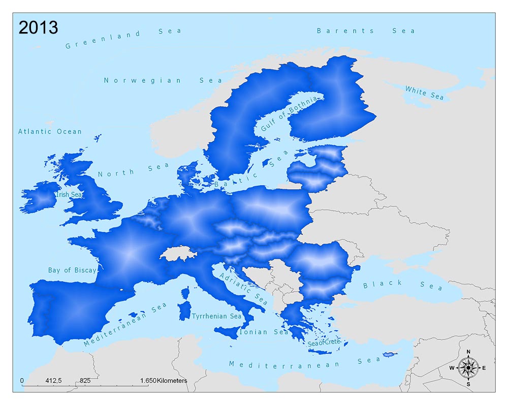 A 2013 map of Europe shows a blue gradient, with darker shades indicating higher values. Surrounding seas and country borders are outlined.