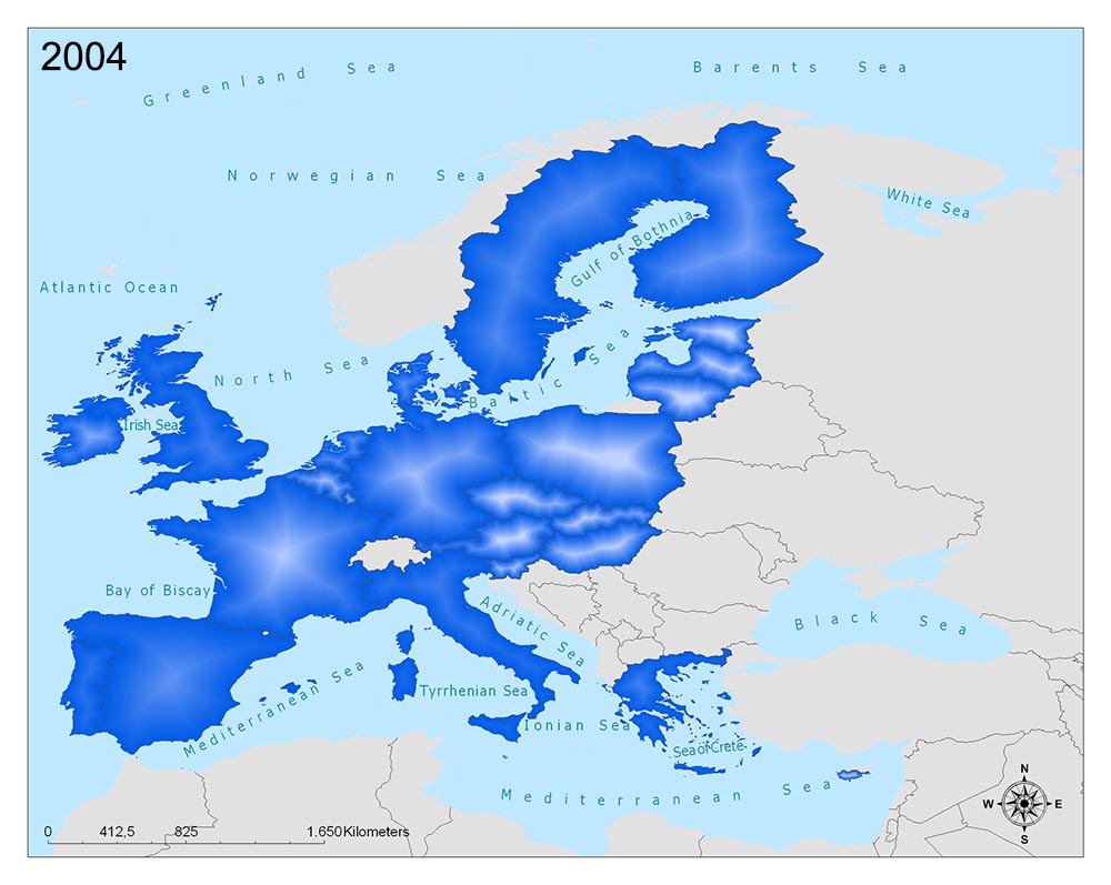 A 2004 map uses shades of blue to represent data over parts of Europe and nearby bodies of water.