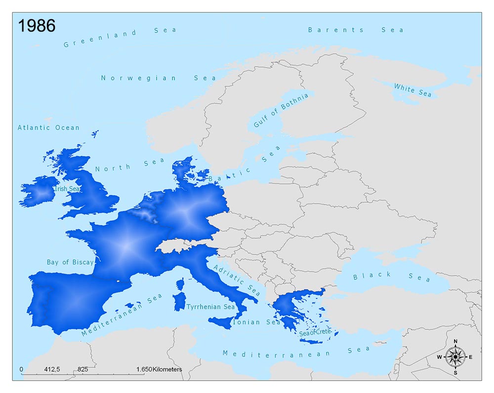 A 1986 map of Europe, with certain areas shaded blue, likely indicating specific data. Surrounding waters and countries are outlined.