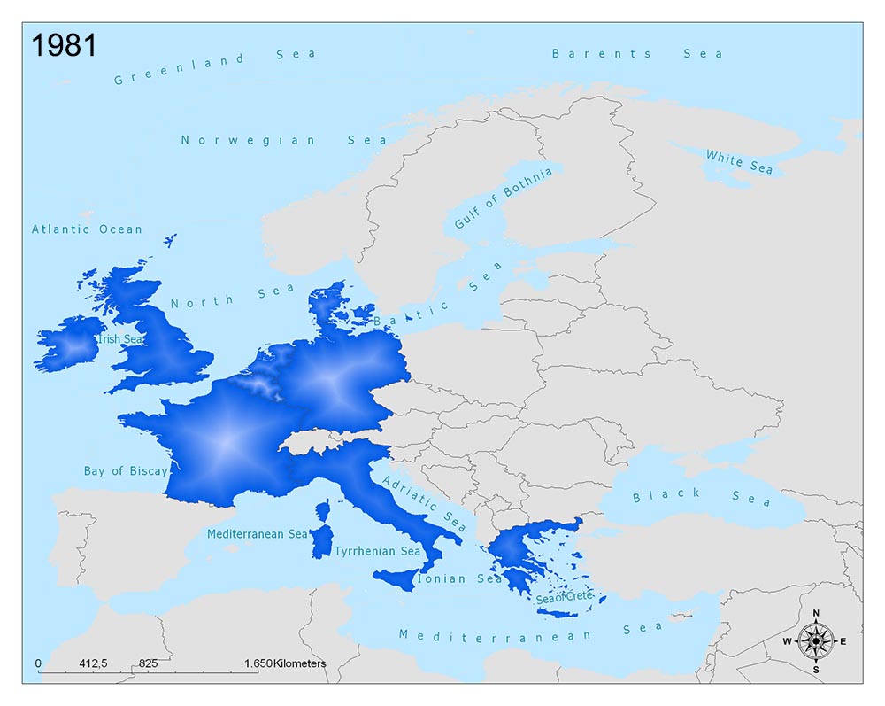 A 1981 map of Europe shows data distribution in shades of blue, with a legend in the bottom left.