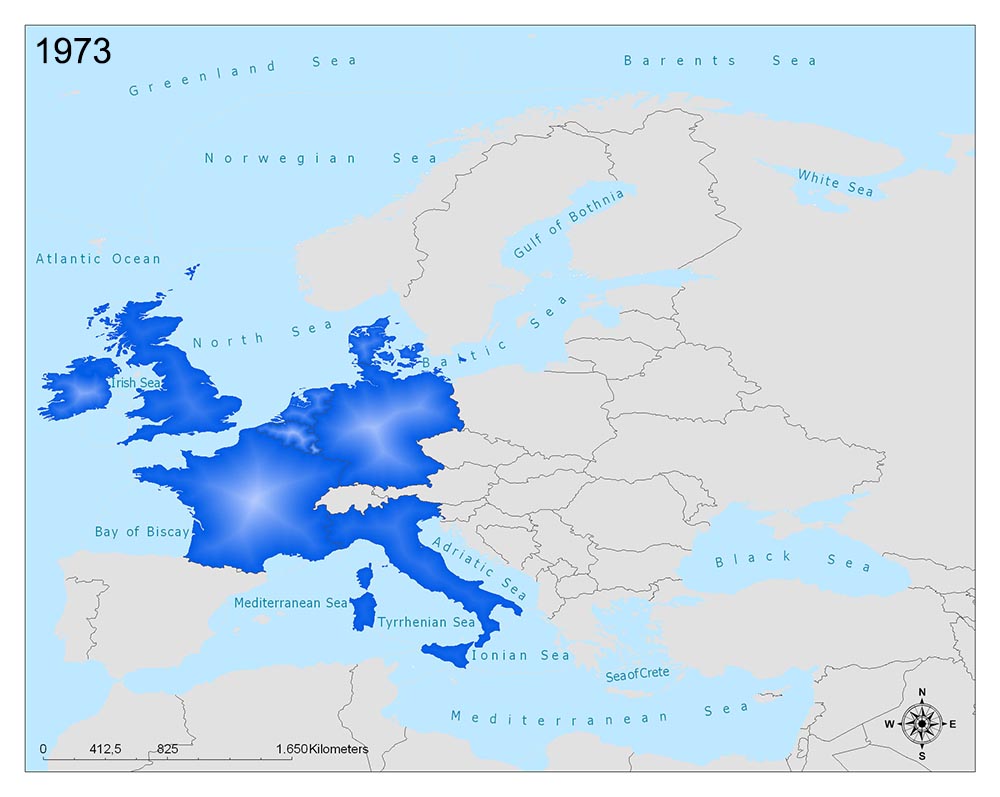 A map showing the European Economic Community (EEC) in 1973 with member countries highlighted in blue.