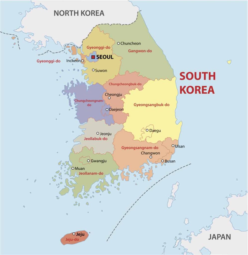 A color-coded map of South Korea, highlighting Seoul and major cities, also showing North Korea and Japan.