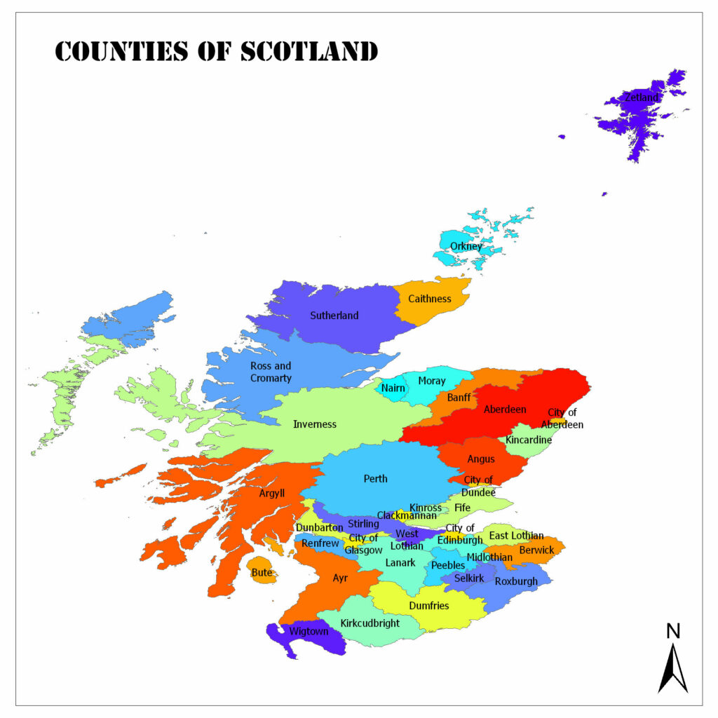 A vibrant map displays Scotland's counties in unique colors, with a compass pointing north.