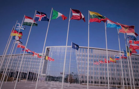 A row of various national flags fluttering in the wind in front of a modern building with a glass facade under a clear blue sky.