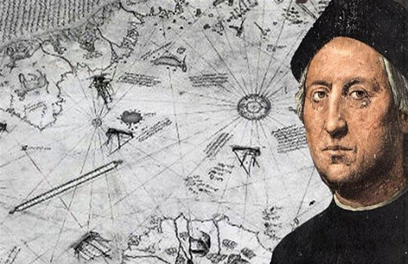 A historical figure in black attire is superimposed on an old map with ships, sea creatures, and navigational tools.