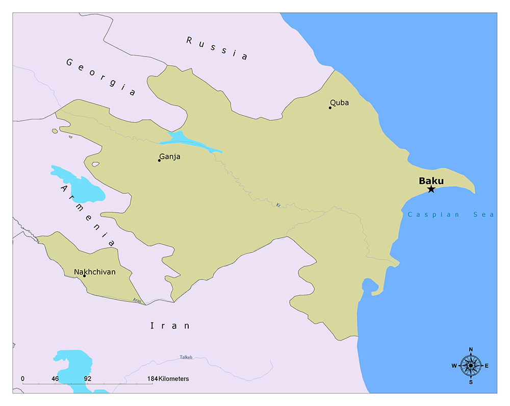 A map displays Azerbaijan, its capital Baku, neighboring countries, and major geographic features, with terrain highlights.