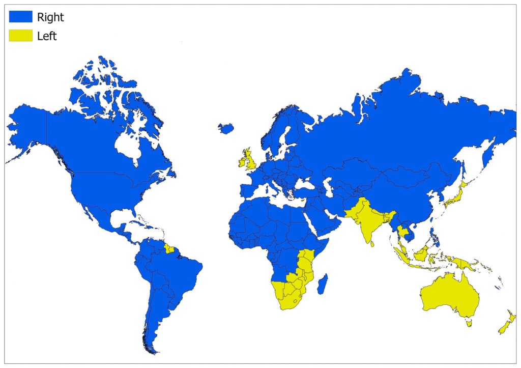 A world map with countries driving on the right side marked in blue and countries driving on the left side marked in yellow.