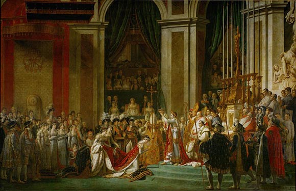 A painting shows a historical event with figures in ornate attire in a grand interior, suggesting a formal ceremony.