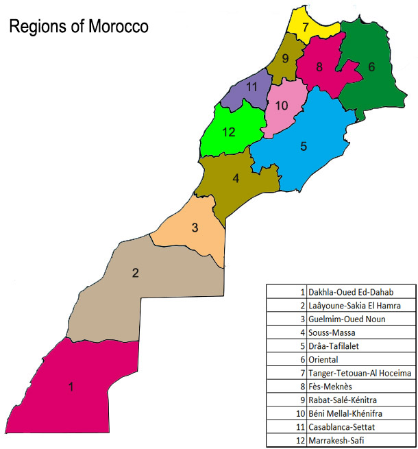 A color-coded map of Morocco, with a legend listing the names of each region.